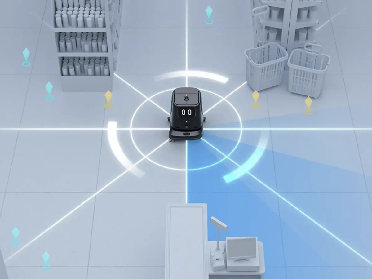The PUDU CC1 Pro finding its bearings on a sales floor