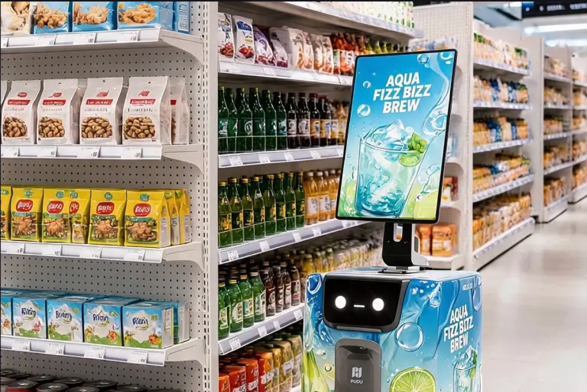 PUDU ET1 équipé de son écran publicitaire dans un rayon de supermarché