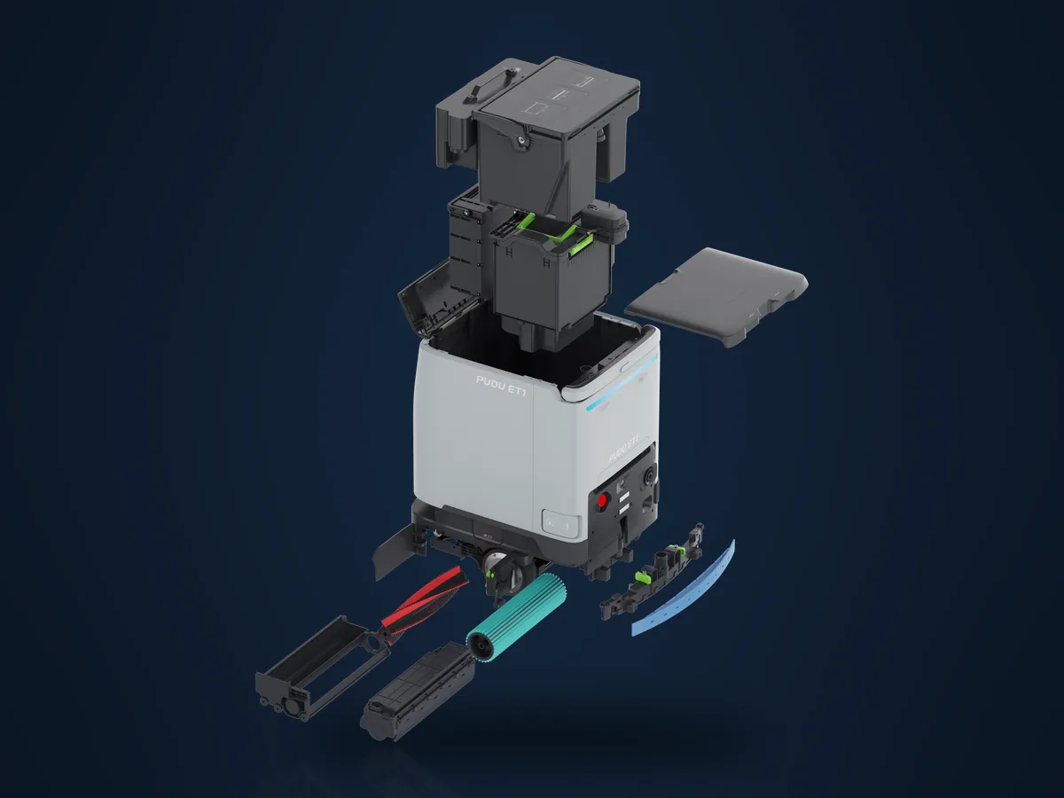 Exploded view of the PUDU ET1: removable tanks, dust box, roller, brush and squeegee