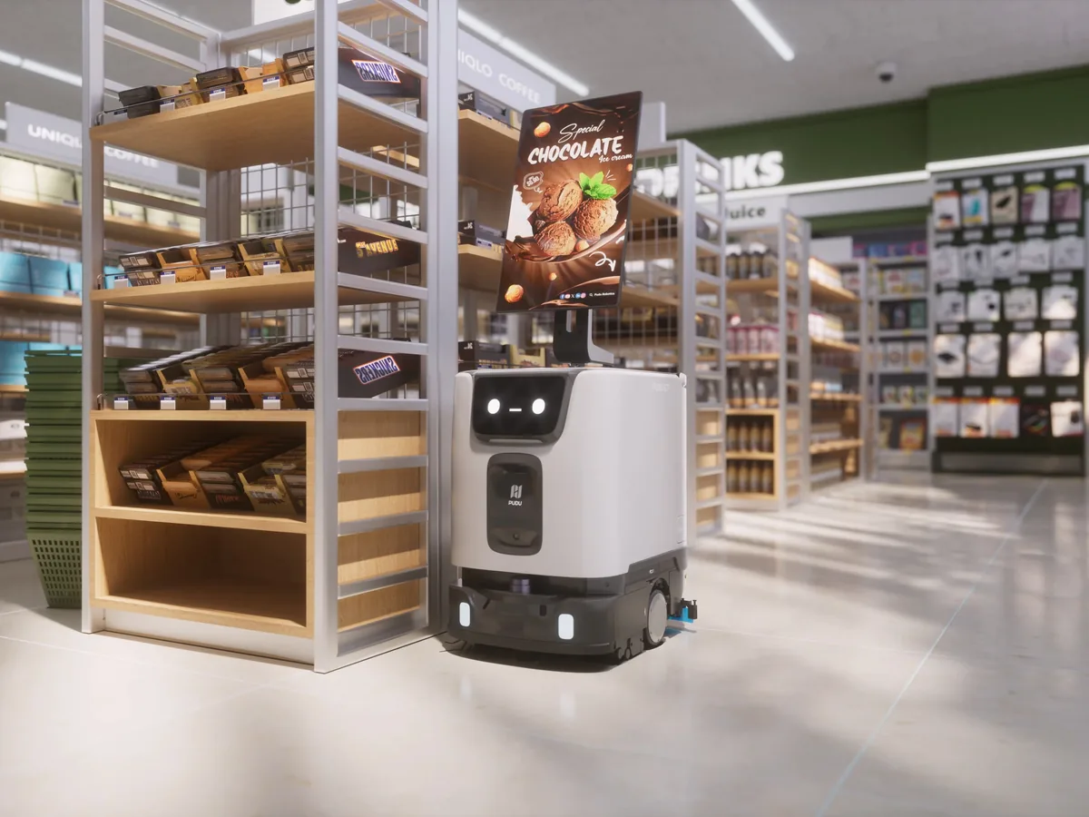 The PUDU ET1 with its advertising screen in a convenience store