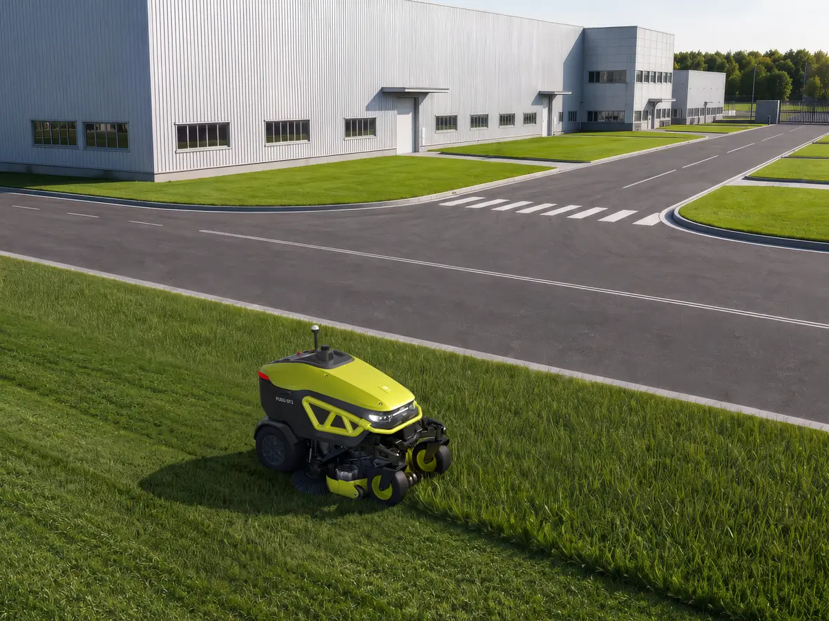 Le robot tondeuse GT3 sur la pelouse d'un site logistique