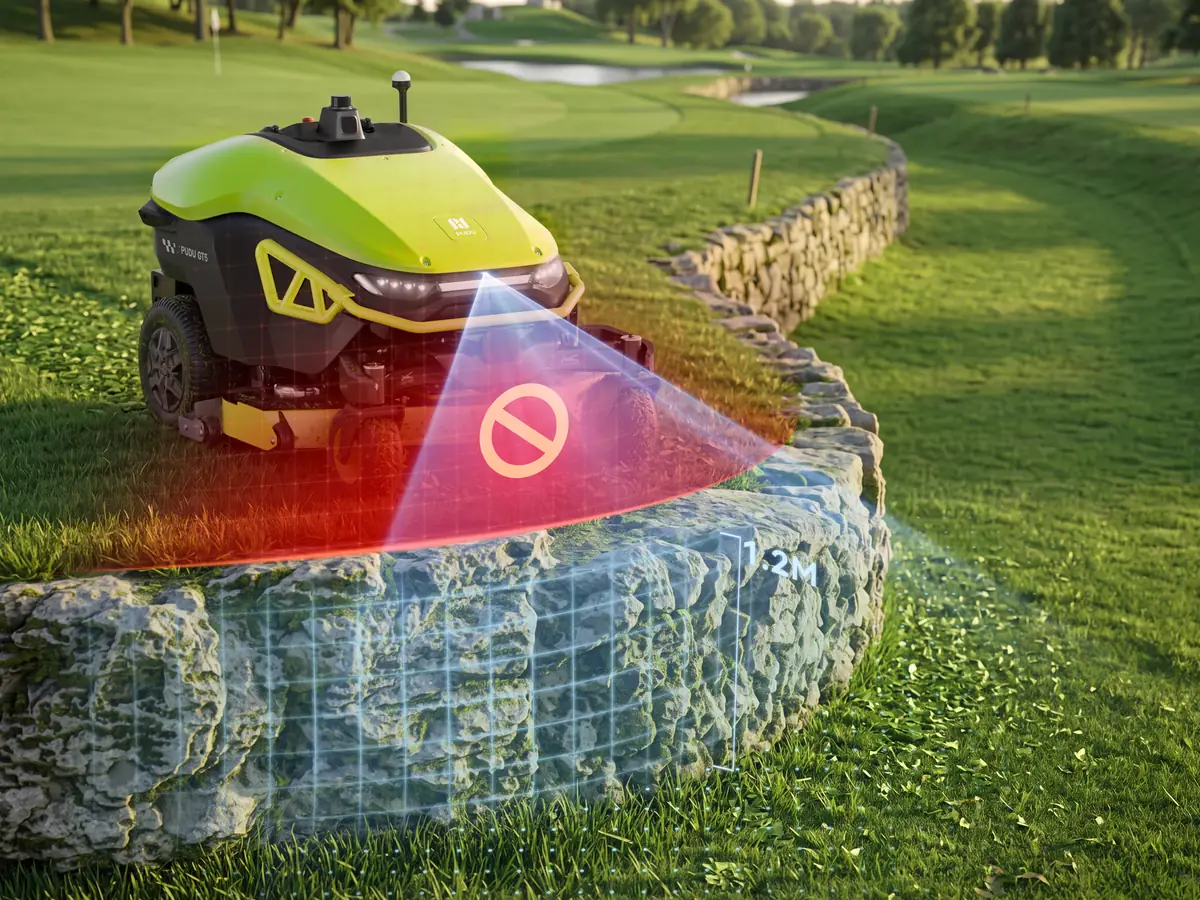 The PUDU GT5 detecting the edge of an embankment and stopping