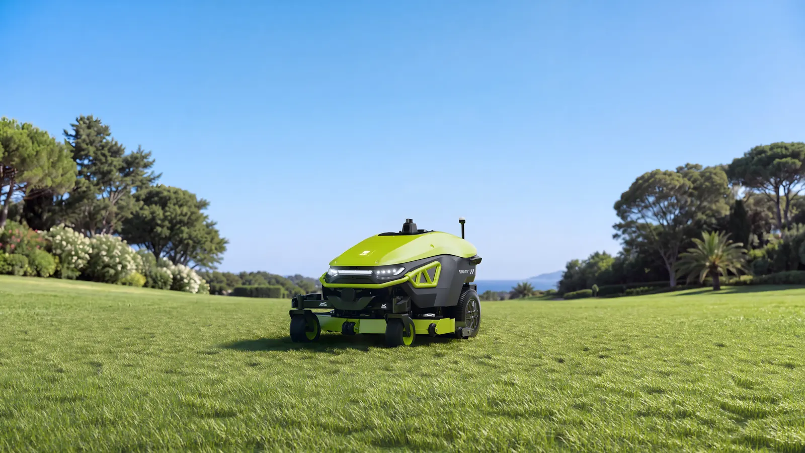 The PUDU GT5 robotic mower on a large lawn