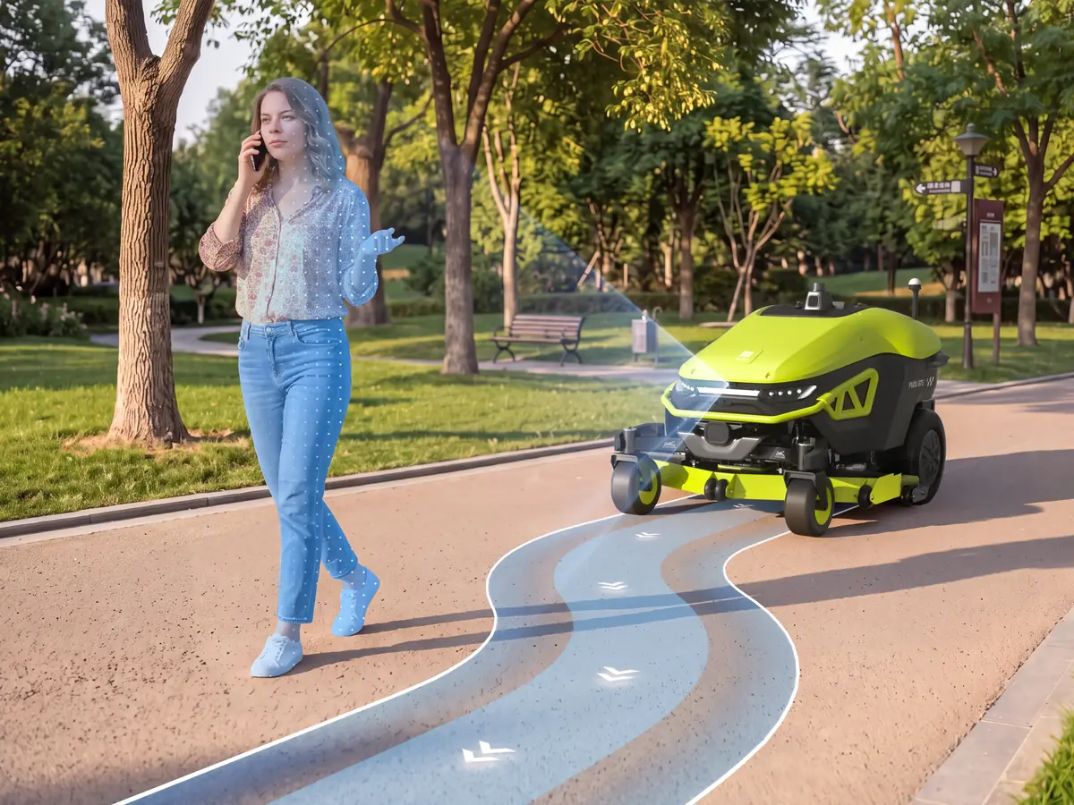 Le PUDU GT5 ralentit à l'approche d'une piétonne