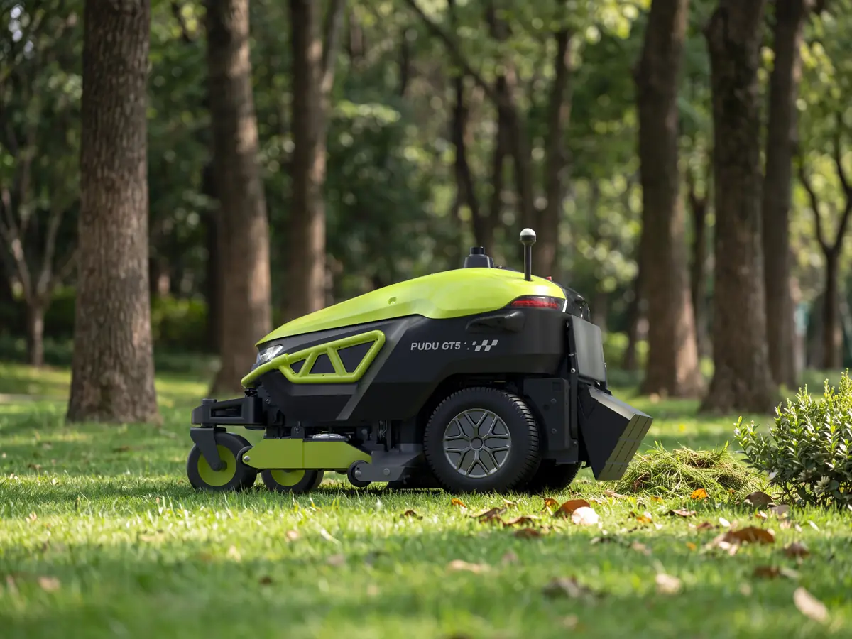 The PUDU GT5 emptying its grass bin at the edge of a wood