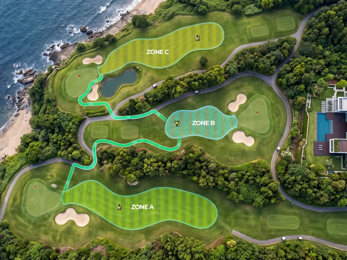 Plan d'un golf découpé en zones de tonte pour le PUDU GT7