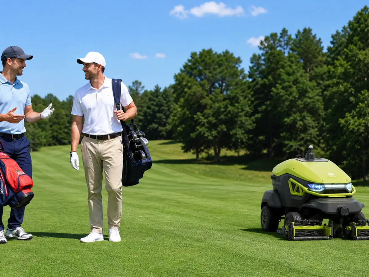 Le PUDU GT7 tond à proximité de golfeurs