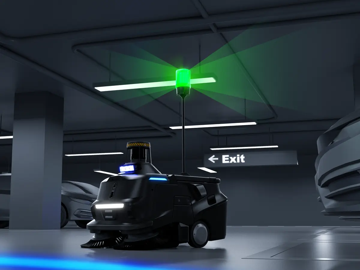 The PUDU MT1 Max and its beacon in an underground car park