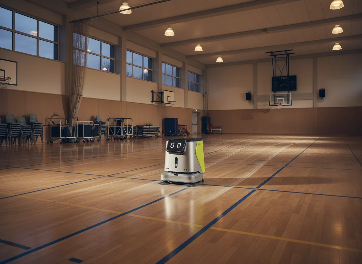 Robot de nettoyage sur le parquet d'un gymnase